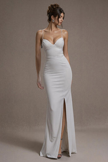 White Mermaid Spaghetti Straps Long Evening Dress